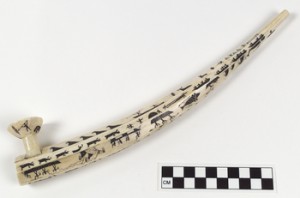 Iñupiaq pipe, carved ivory inscribed with ink, 1880-1900.  Collection history unknown; purchased by MAI from the Fred Harvey Company (Indian arts dealers in the Southwest) in 1917 using funds donated by MAI trustee James B. Ford (1844-1928).  NMAI 6/2445 (http://www.nmai.si.edu/searchcollections/item.aspx?irn=67008&partyid=2576&src=1-2)
