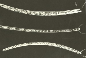Fig. 1: Three sides of a ivory drill bow, 1880s. 17 1/4'' long. Lowie Museum 2-4121. Collected by Rudolph Neumann of the Alaska Commercial Company, probably in the St. Michael area. From Ray 1977, 215.