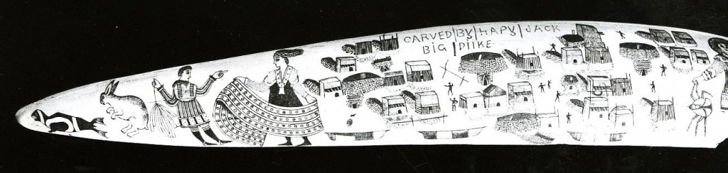 Fig. 2: Angokwazhuk (Happy Jack), engraved ivory tusk signed "Hapy Jack," with playing card people, a village on Big Diomede Island, and a rabbit. Private collection. From Ray 2003, 18.