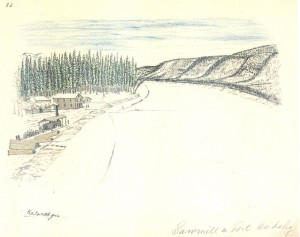 Fig. 10: Guy Kakarook, Untitled, Sawmill at Fort Cudahy, drawing in winter, 1895, 20.3 x 25.4 cm. National Anthropological Archives, Smithsonian Institution, MS 316,702. From Ray 2003, 27.