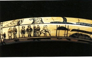Fig. 14: Guy Kakarook, Engraved tusk signed by Kakarook with figures similar to those in drawings (Figs. 33 and 34), c. 1904. 57.8 cm long. University of Alaska Museum, Dorothy Jean Ray Collection. From Ray, 2003, 28.