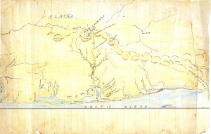 Fig. 3: Sokeinna or Keok, Untitled, Map of Saniq-Saniniq or "Tapqaq" coast, c. 1893-1900, ink and colored pencil on paper, 20.3 cm x 31.5 cm. Kathleen Lopp Smith Collection. From Fair 2003: 39.
