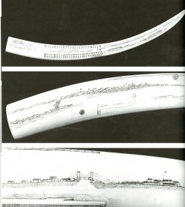 Fig. 4: Anonymous, Nome. Walrus ivory cribbage board: reverse sides and detail. 28 1/2''. Top side engraved with an Eskimo village and a contingent of soldiers; reverse engraved with a panorama from Nome to Cape Nome. 1909. From Ray 1996, 112.