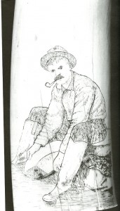 Fig. 5: Angokwazhuk (Happy Jack), detail of reverse of a walrus ivory tusk engraved with the portrait of a prospector, about 1915. 22''. From Ray 1996:,118