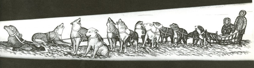 Fig. 3: Angokwazhuk (Happy Jack) detail of Cribbage board with engraved scene of reindeer herd, dog team, ptarmigans, and polar bear hunting walrus, 1915. 71 cm. long. Museum of History and Industry, Seattle. From Ray 2003, 30.
