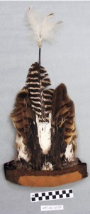 Inupiaq Feather Headdress, 1960-1970, feathers, from Northern Goshawk, Bufflehead, Snowy Owl, Great Horned Owl, ptarmigan, and domestic turkey; felt, wood, baleen, 30” and 34” respectively. Image courtesy of the University of Alaska Museum of the North.