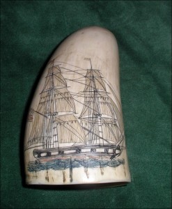 Fig. 6: Polychrome scrimshaw tooth with unnamed brig. Sperm whale tooth, 19th century. Peter C. Barnard Collection, Peary-MacMillan Arctic Museum, Bowdoin College.