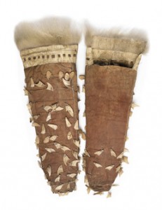 Inupiaq Dance Mittens (aqlitiiq), 1870-1900, Cape Prince of Wales, Seal skin and fur, polar bear skin and fur, puffin beaks, sinew, pigment(s), cotton thread, 74 x 28 x 2.8 cm. Image courtesy of the National Museum of the American Indian. 