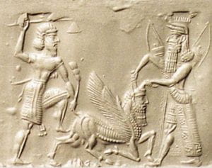 Gilgamesh and Enkidu slaying the Bull of Heaven. Neo-Assyrian, 8th/7th century BC. http://www.bibleorigins.net/illustrationofGilgameshAndEnkidu.html